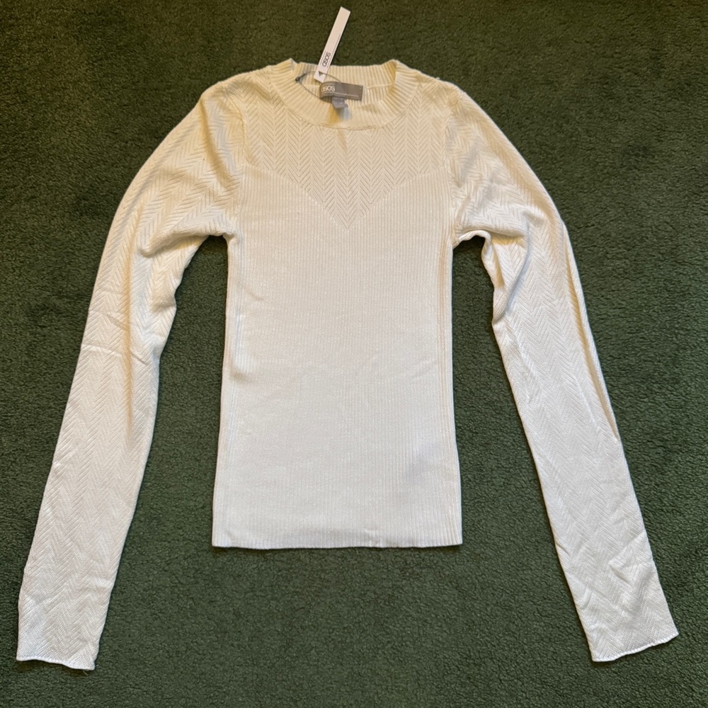 NWT ASOS Ivory Off White Ribbed Long Sleeve Pointelle Sweater Crew Neck - 4 XS
